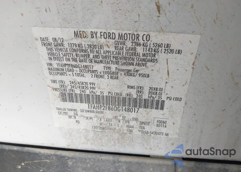 2013 Ford Taurus Limited из США, поврежденный, VIN 1FAHP2F86DG148017